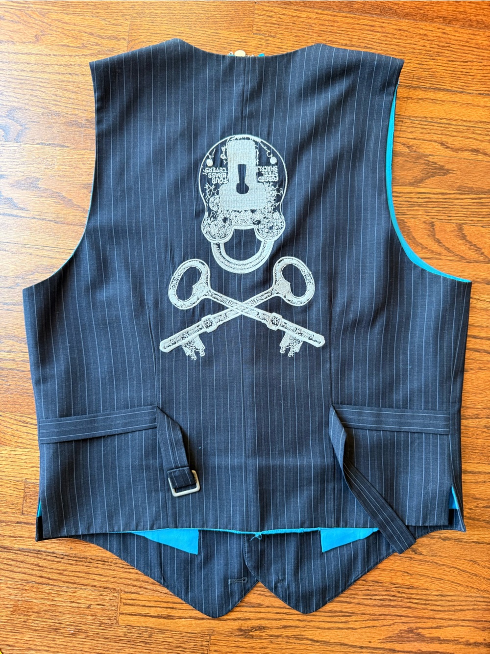 Paul Frank Pinstripe Navy Vest Teal Lining and Embroidered Lock & Keys Graphic